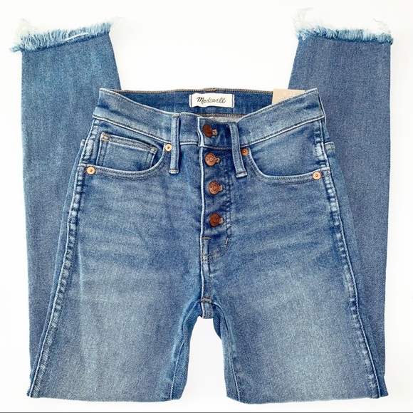 Madewell Petite 10” High Rise Button Front Raw Hem Skinny Jeans Cordova Wash NWT - Picture 14 of 16